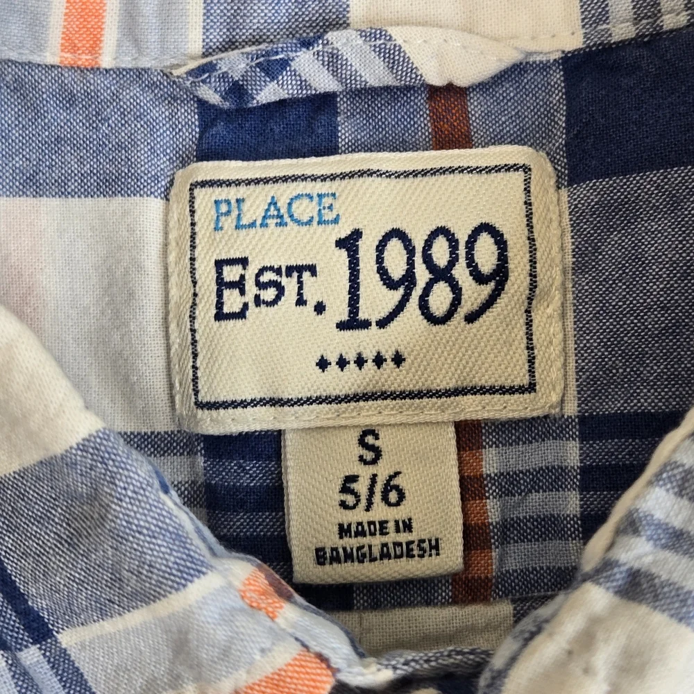 The Children's Place blue and orange plaid button down shirt small 5/6